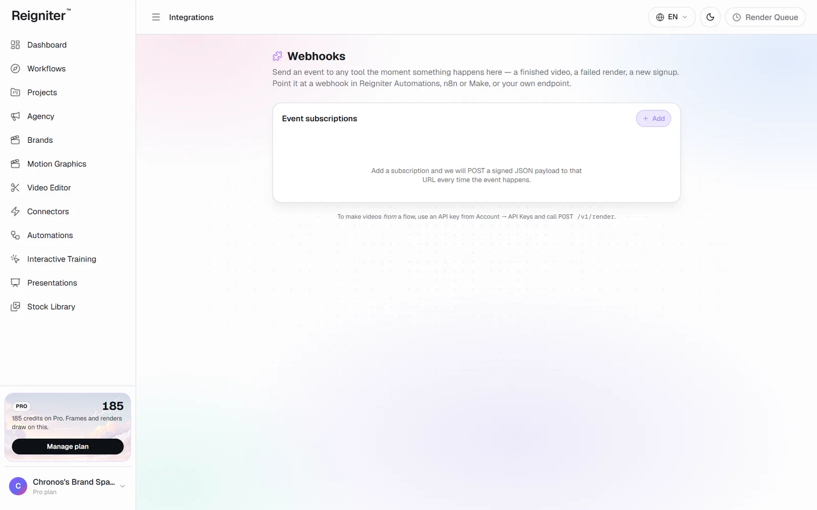 La pagina Webhooks con l'elenco degli abbonamenti agli eventi
