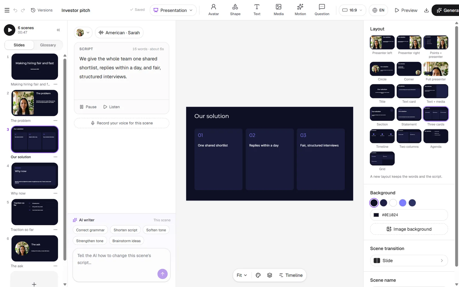 The editor with a three-card slide selected and the layout picker open