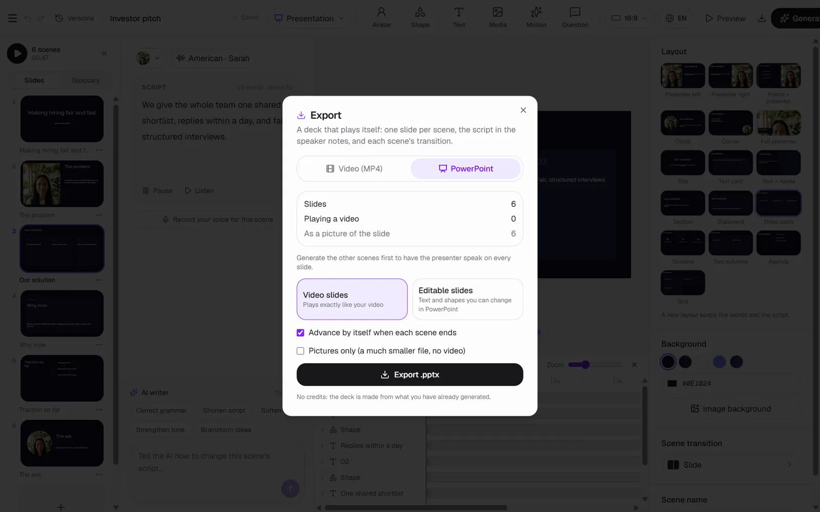 The Export window with the PowerPoint option selected
