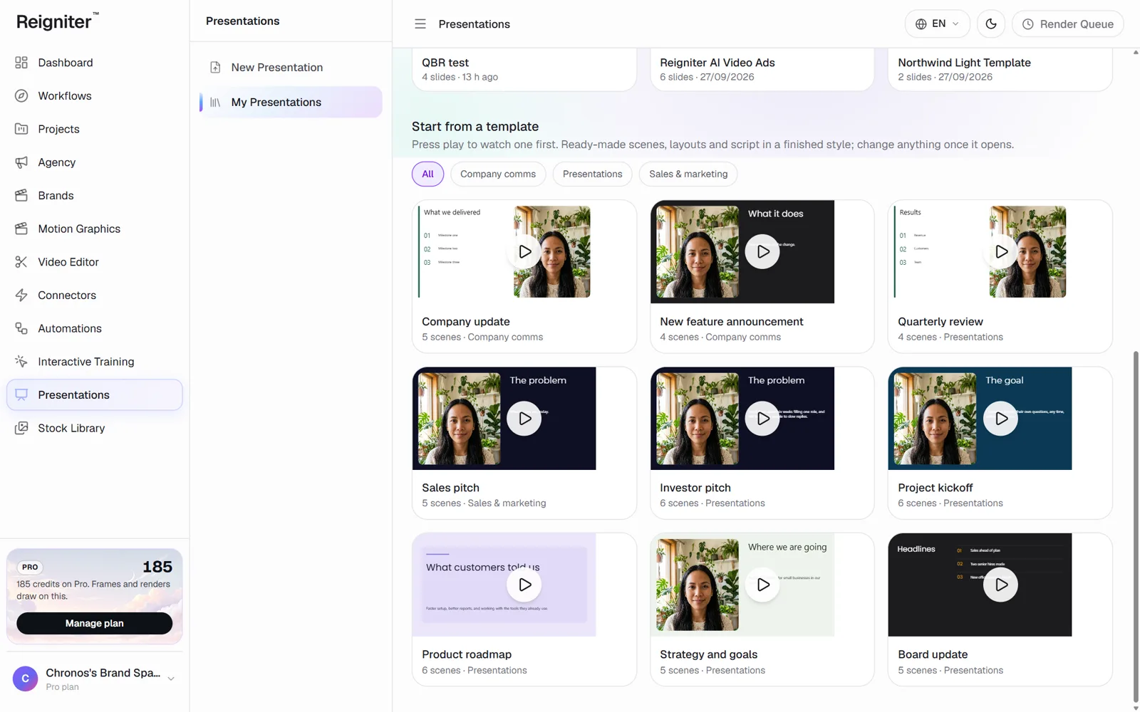 The Presentations page with example decks: investor pitch, project kickoff, product roadmap and more