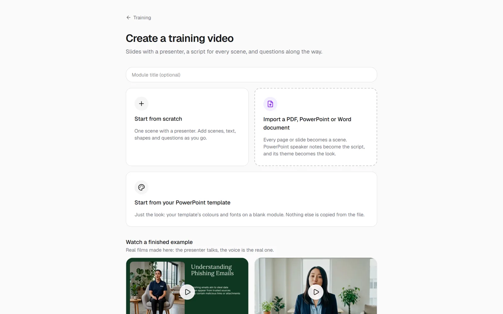 The Create a training video page with Start from scratch, Import and Start from your PowerPoint template